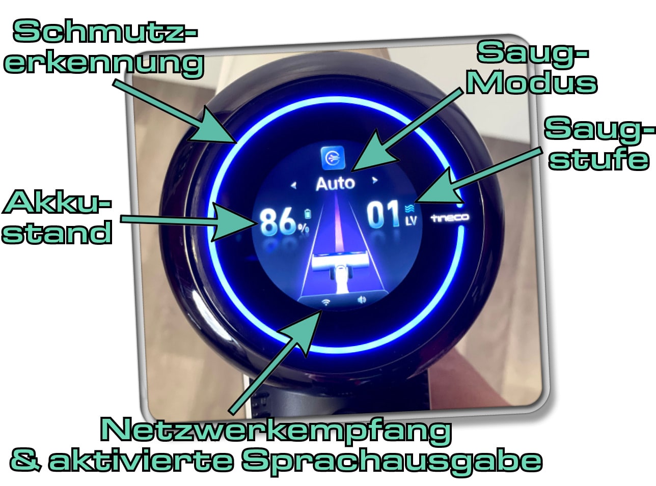 Das Display des Tineco Pure One S15 Pro bietet zahlreiche Ansichten