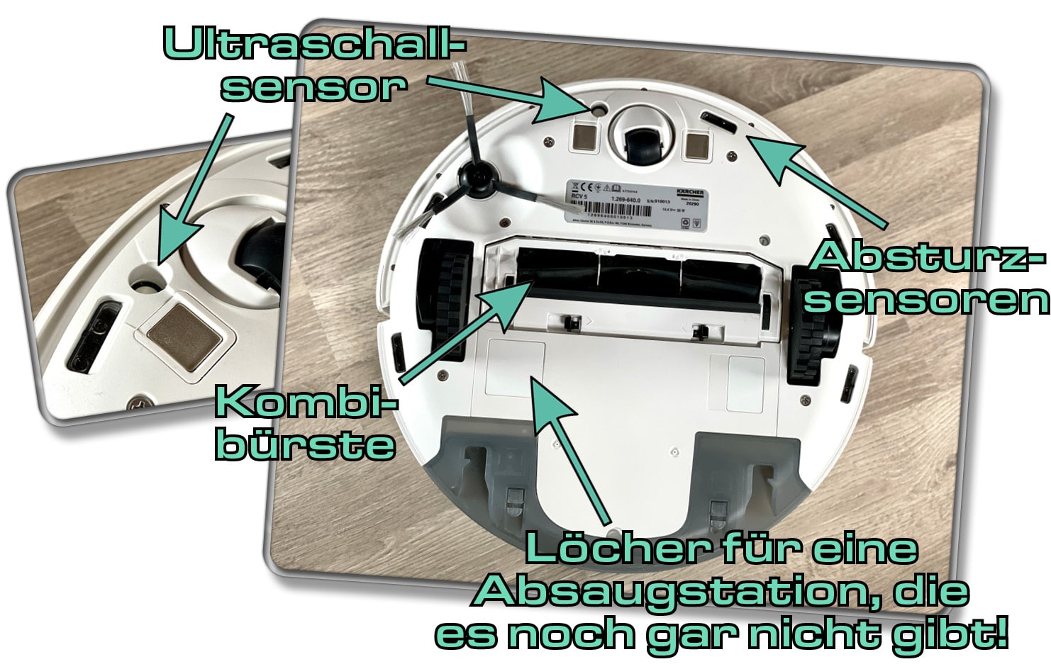 Auf der Unterseite des Kärcher RCV 5 gibt es allerhand Sensoren und zwei Löcher für eine Absaugstation, die nicht zu kaufen ist. 