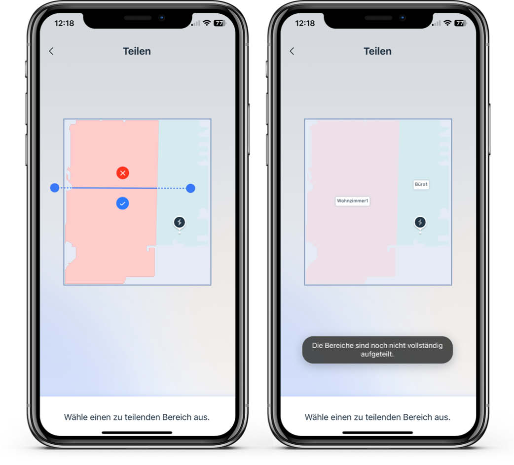 Die erstellte Karte des ECOVACS Deebot X2 Omni lässt sich nur von Wand zu Wand auftrennen, nicht aber von Wand zu einer virtuell erstellten Wand.