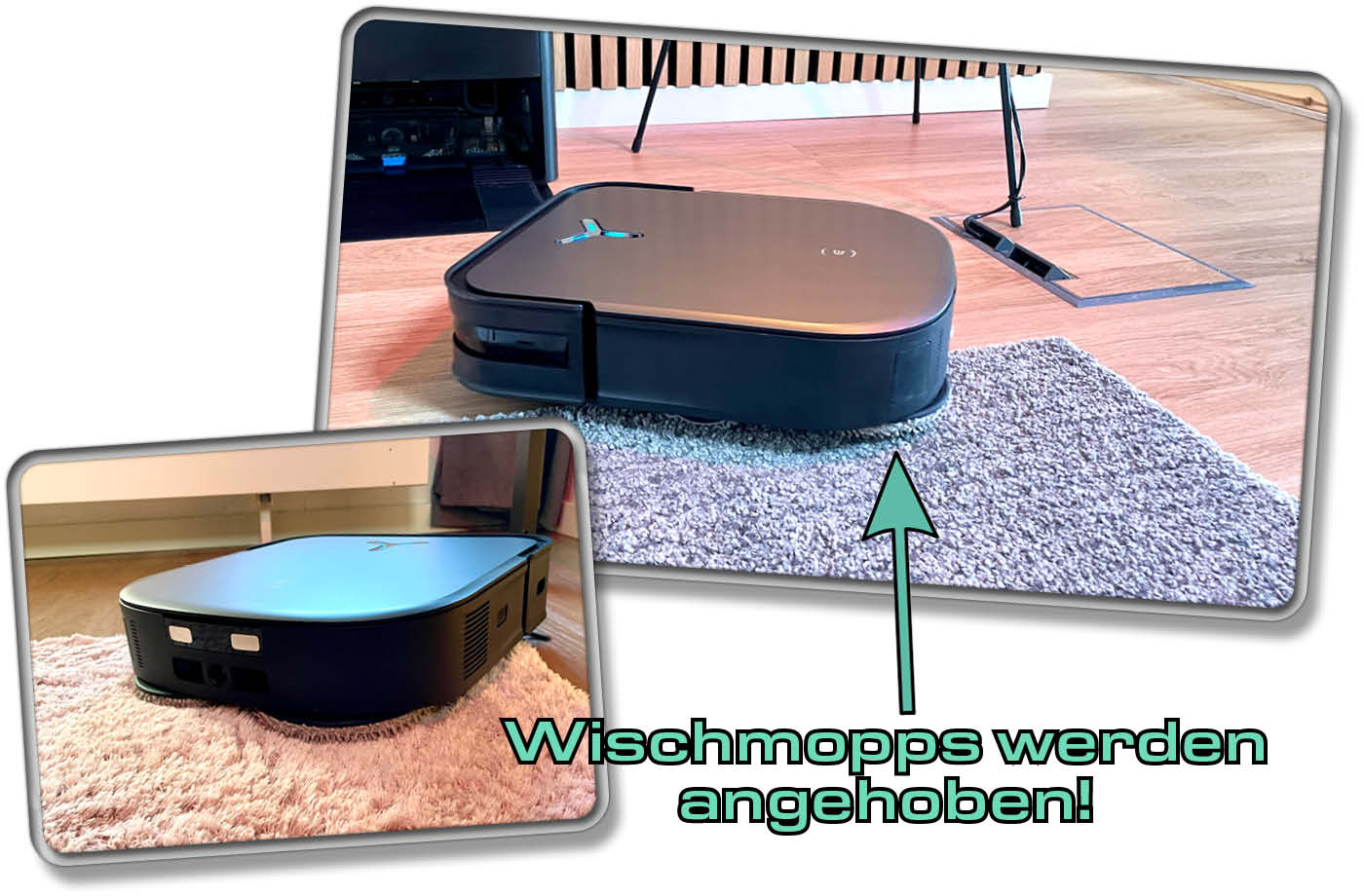 ECOVACS Deebot X2 Omni - Aut Teppichboden werden die Wischmopps automatisch 1,5 cm hoch angehoben!