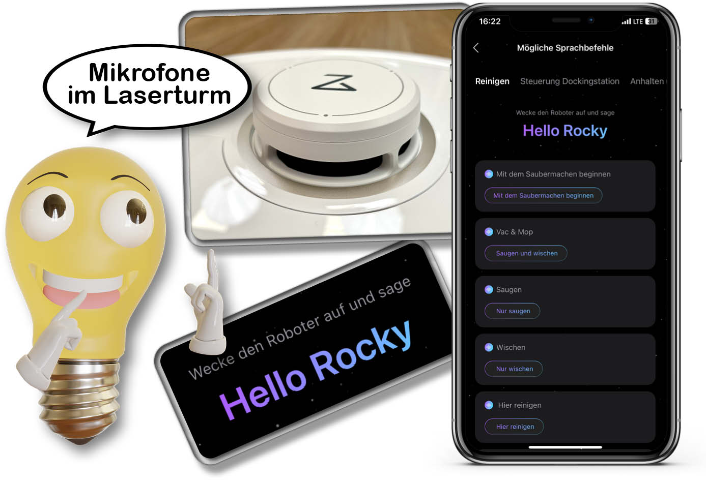 Der Roborock Q Revo MaxV hat einen eigenen Sprachassistenten im Laserturm versteckt. Sage Hello Rocky!