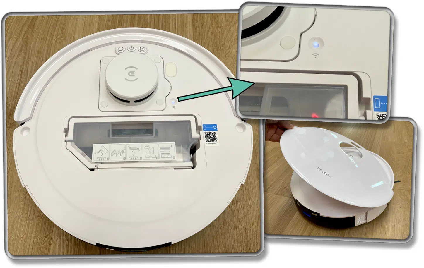 Der Staubbehälter und ein Knopf befindet sich unter der magnetisch haftenden Haube des ECOVACS DEEBOT N20 PRO PLUS