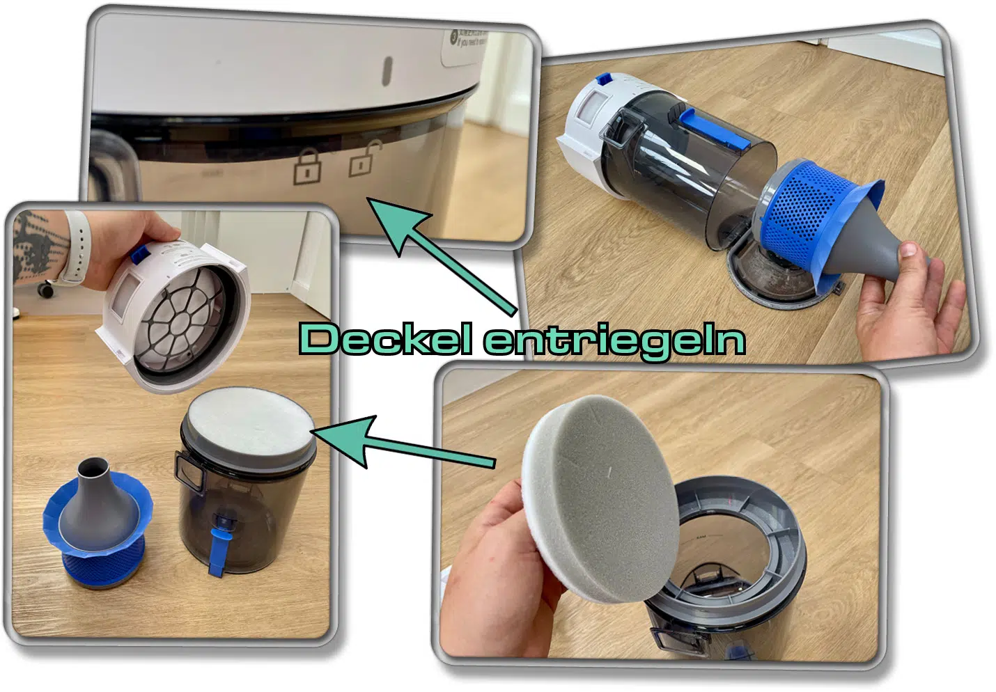 Die Zyklontechnologie und der Filter befinden sich im Inneren des Staubtanks.