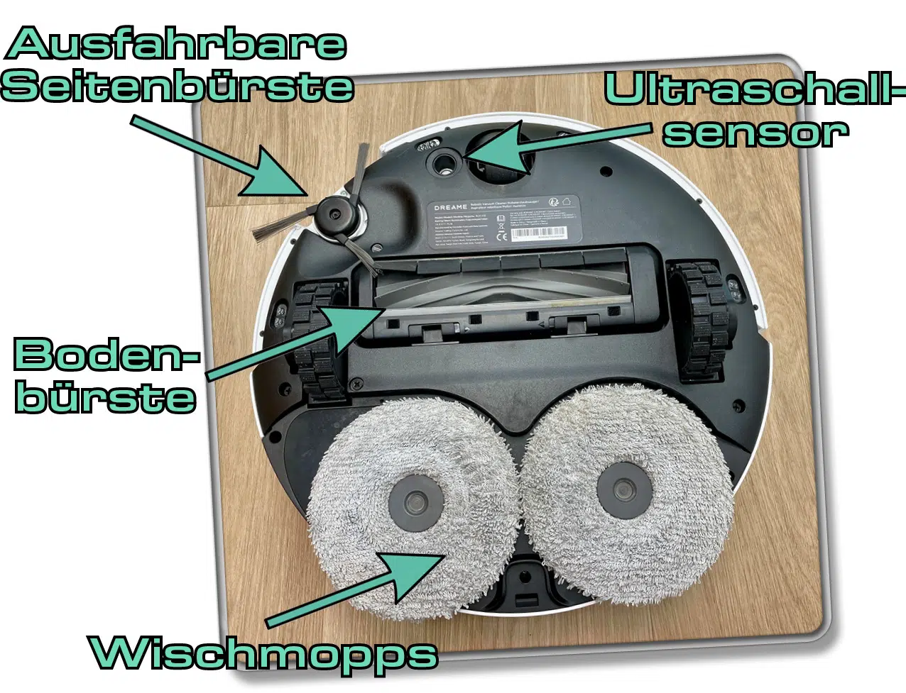 Das alles befindet sich auf der Unterseite des Dreame L40 Ultra. Hier erkennt man auch schnell die ausfahrbare Seitenbürste