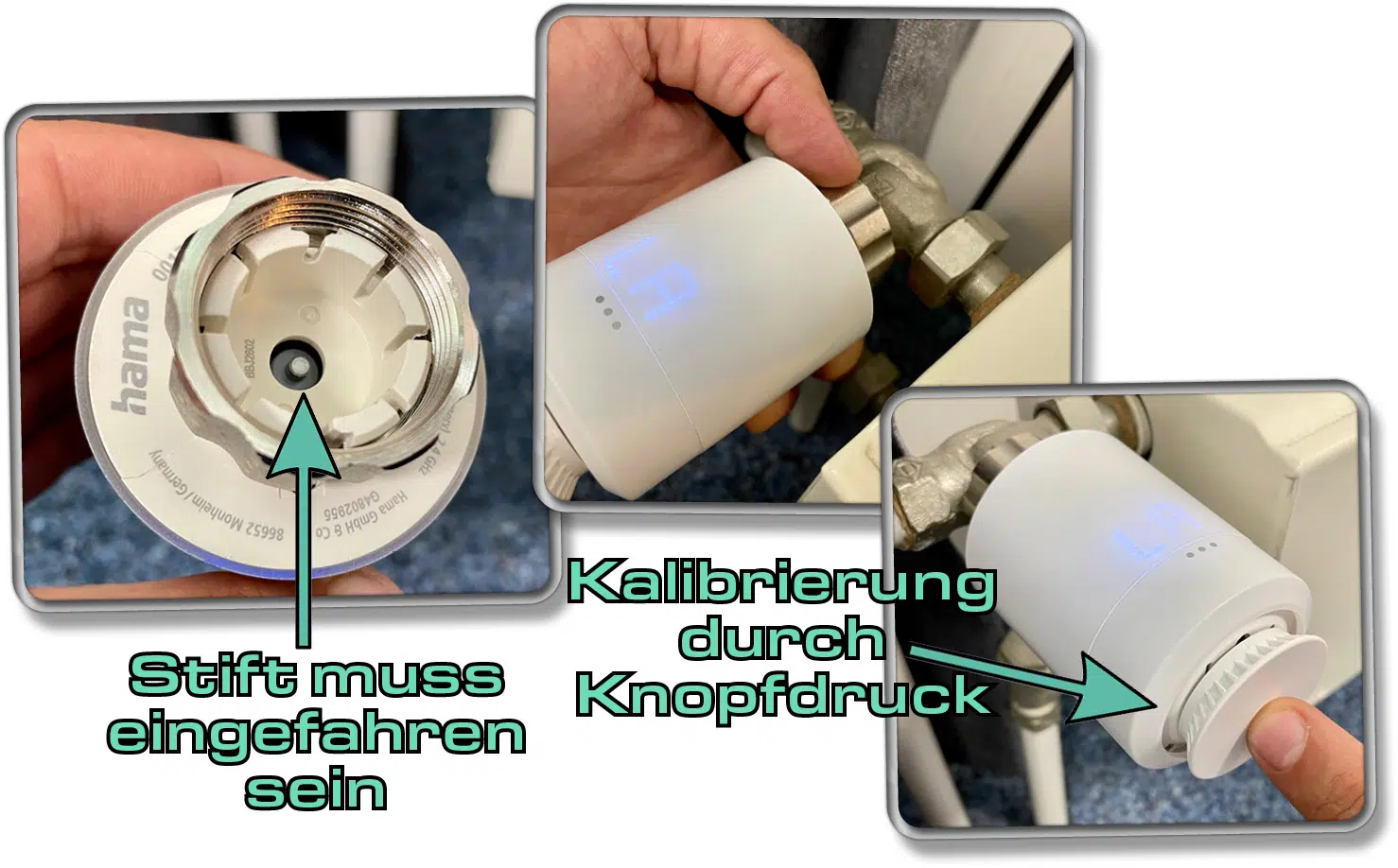 Nachdem der Stift komplett eingefahren ist, montiert man das Hama smarte Heizkörperthermostat und startet per Knopfdruck die Kalibrierung