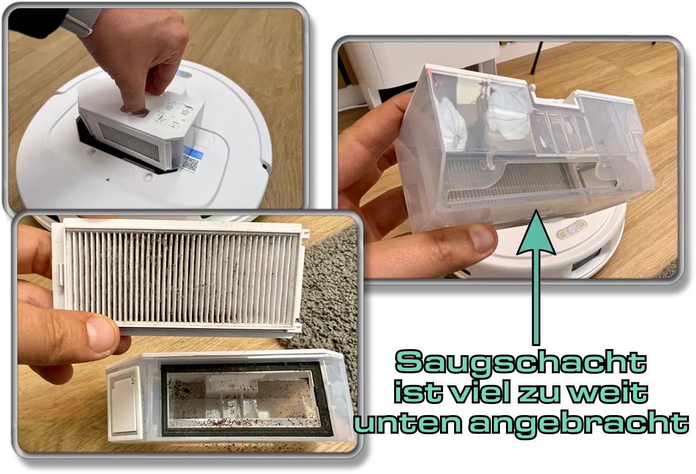 Das ist der Staubbehälter, der einen Saugschacht besitzt, der viel zu weit unten angebracht ist