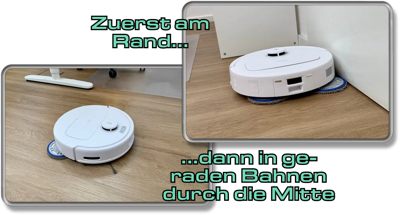 Der ECOVACS DEEBOT N30 PRO OMNI navigiert erst entlang der Ränder und biegt dann in die Mitten ein